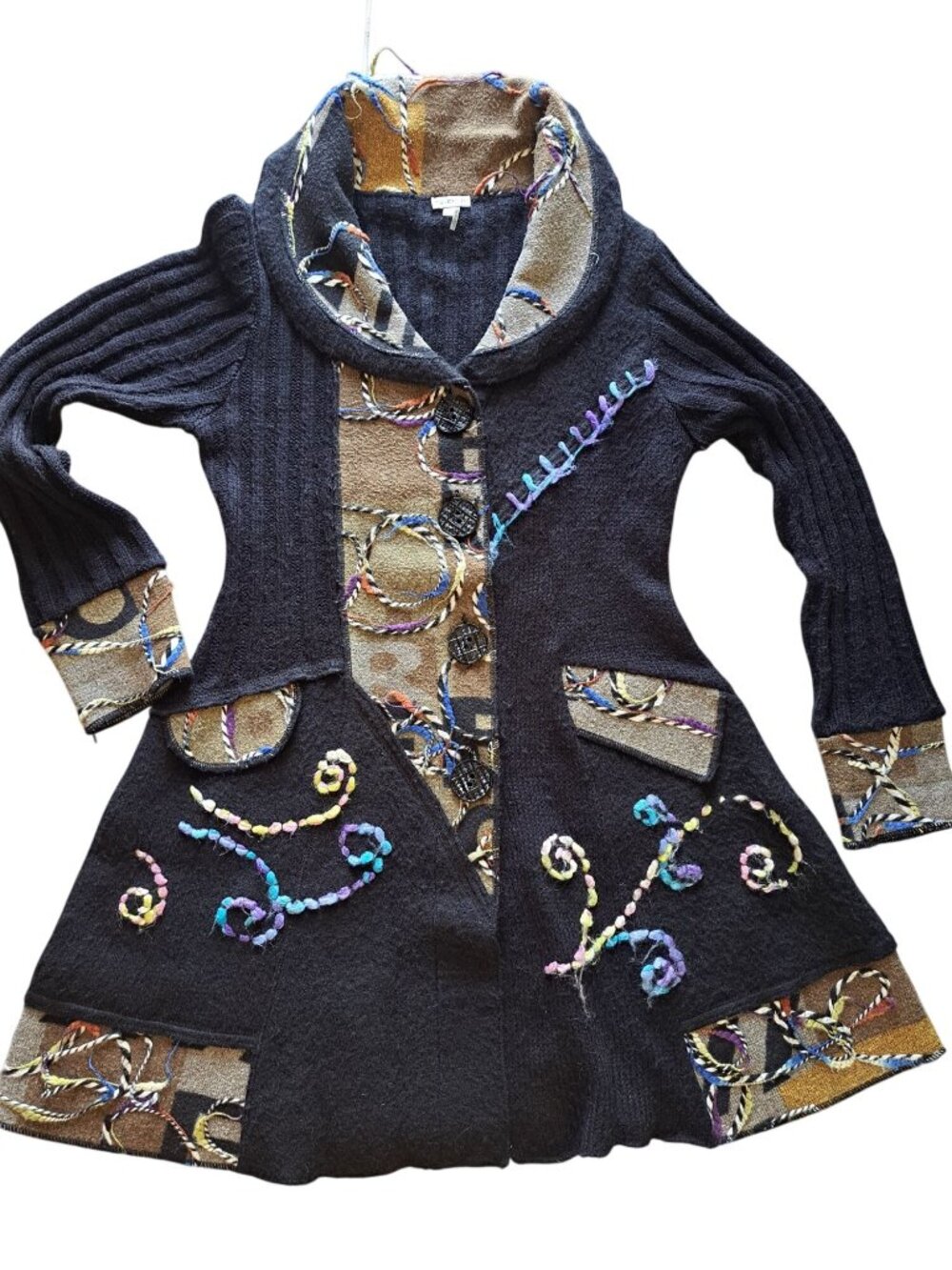 Sioni Festival Knit Cardigan Jacket Multicolor Embroidery Button Yarn Boho M
